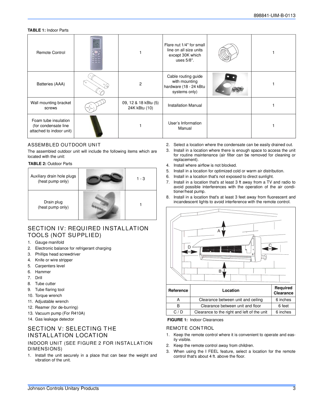 Johnson Controls 22 SEER Section V Selecting Installation Location, Assembled Outdoor Unit, Remote Control 