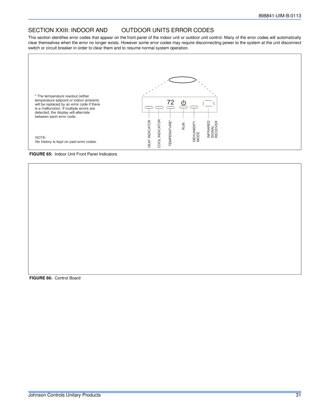 Johnson Controls 22 SEER Section Xxiii Indoor and Outdoor Units Error Codes, Indoor Unit Front Panel Indicators 