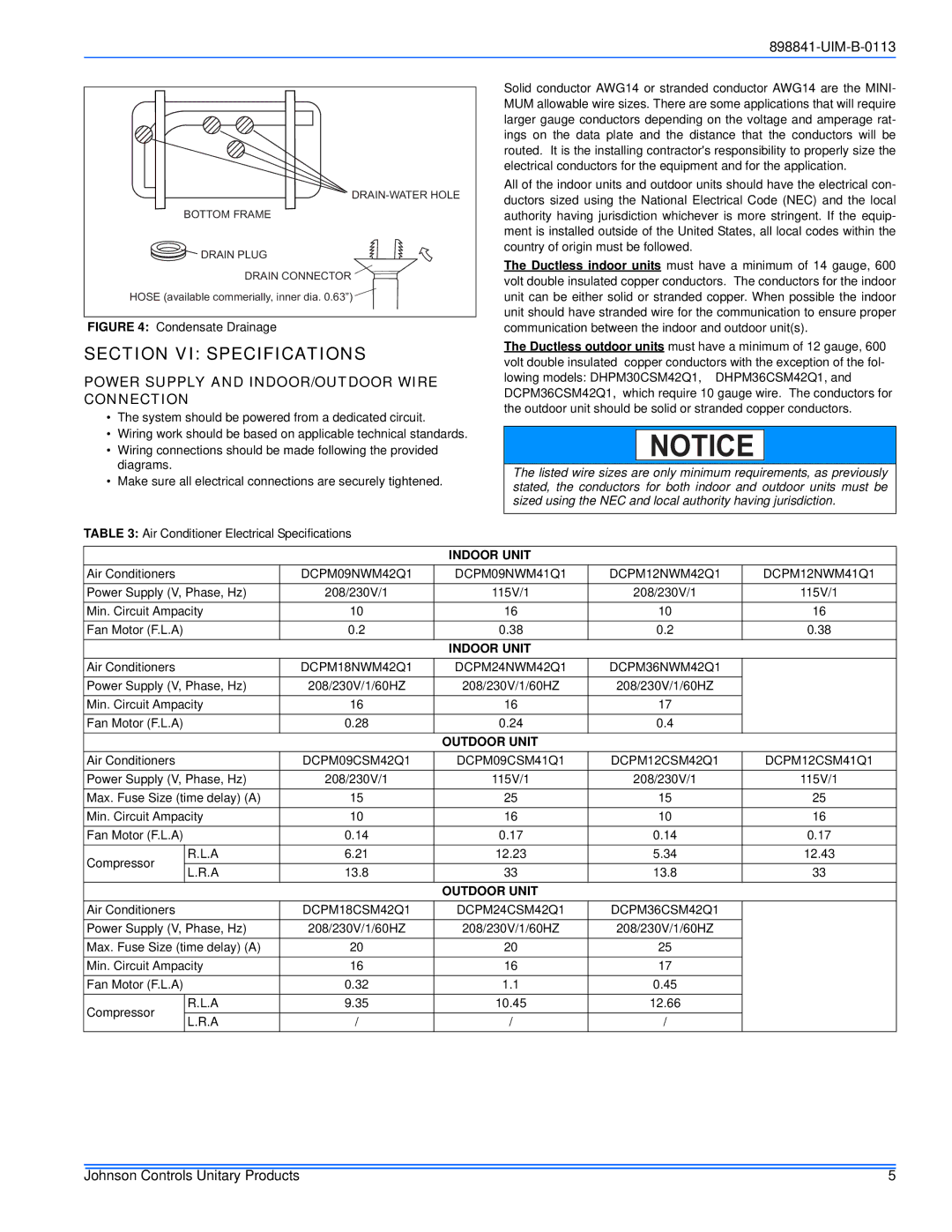 Johnson Controls 22 SEER installation manual Section VI Specifications, Power Supply and INDOOR/OUTDOOR Wire Connection 