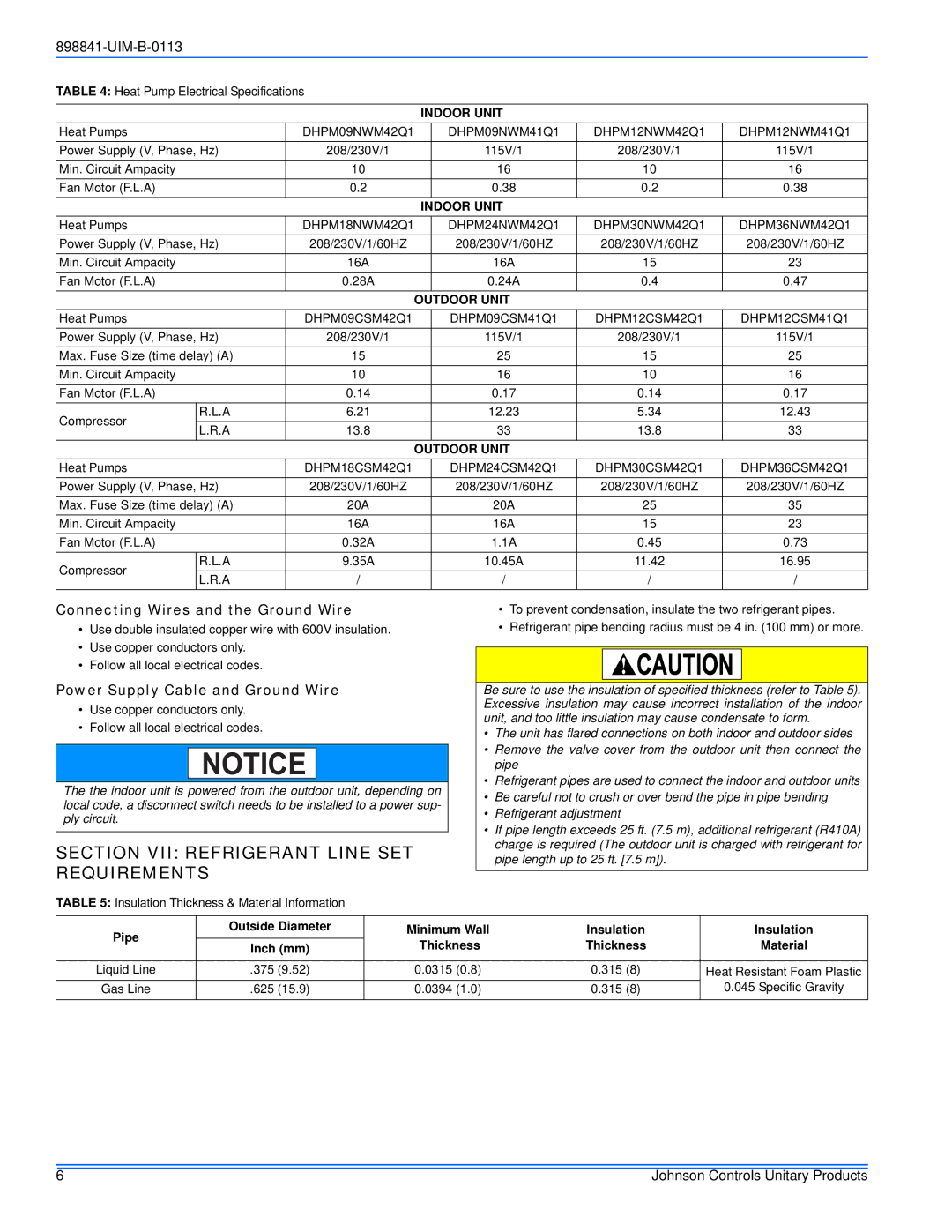 Johnson Controls 22 SEER Section VII Refrigerant Line SET Requirements, Heat Pump Electrical Specifications, Heat Pumps 