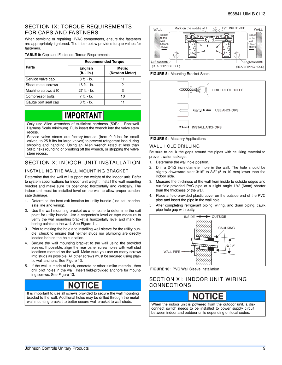 Johnson Controls 22 SEER installation manual Section XI Indoor Unit Wiring, Connections, Wall Hole Drilling 