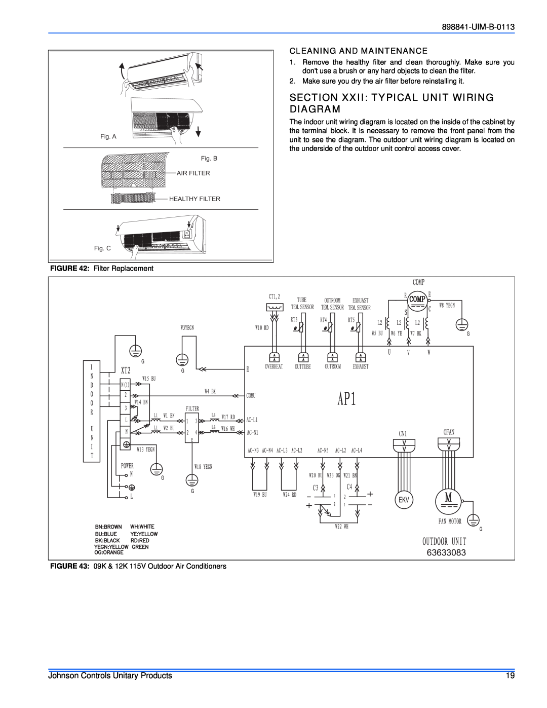 Johnson Controls 22 SEER installation manual Section Xxii Typical Unit Wiring Diagram, Cleaning And Maintenance, UIM-B-0113 