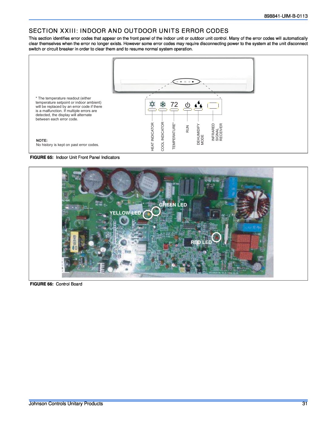 Johnson Controls 22 SEER installation manual UIM-B-0113, Green Led Yellow Led Red Led, Johnson Controls Unitary Products 