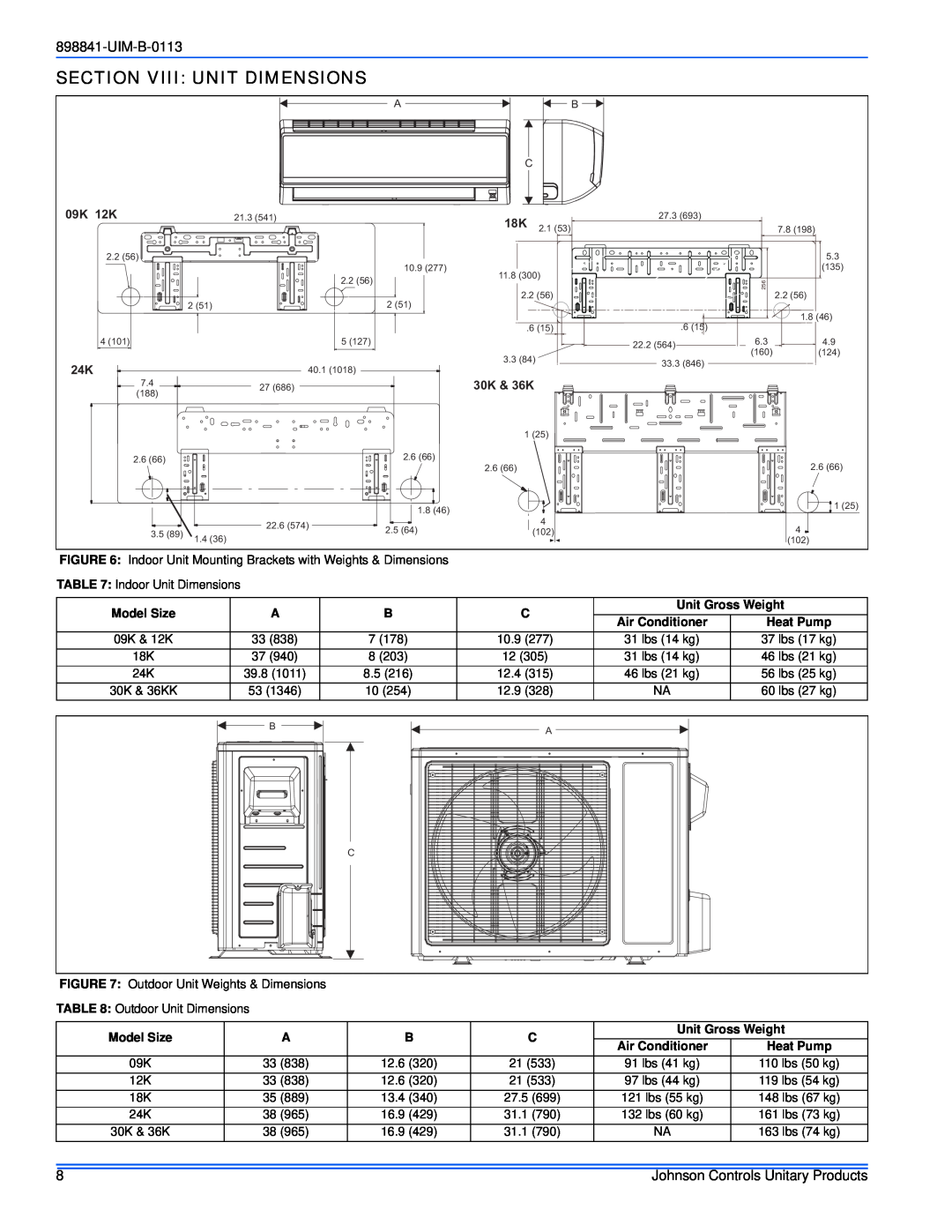 Johnson Controls 22 SEER installation manual Section Viii Unit Dimensions, 09K 12K, 30K & 36K, UIM-B-0113 