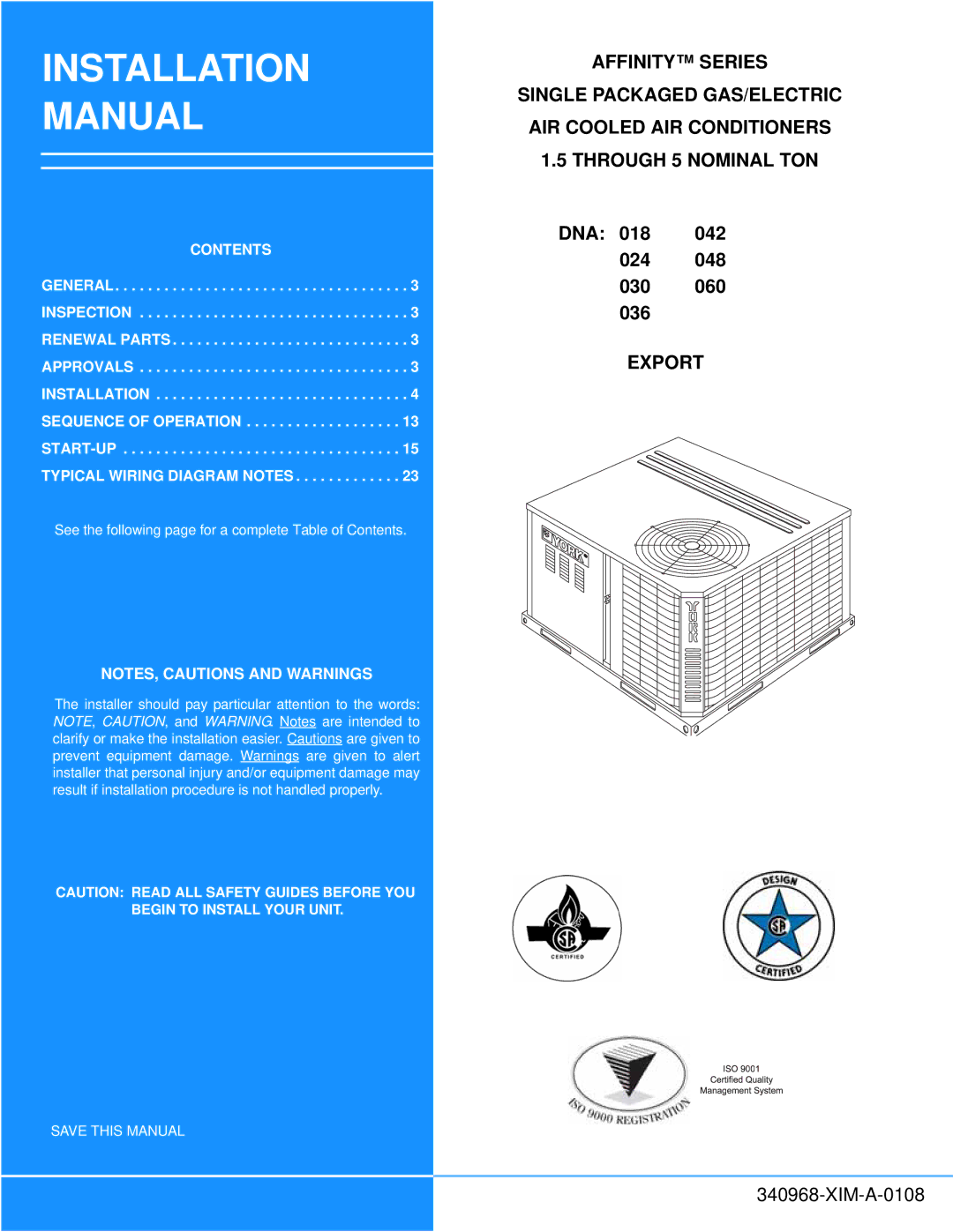 Johnson Controls 340968-XIM-A-0108 installation manual Affinity Series, Export 