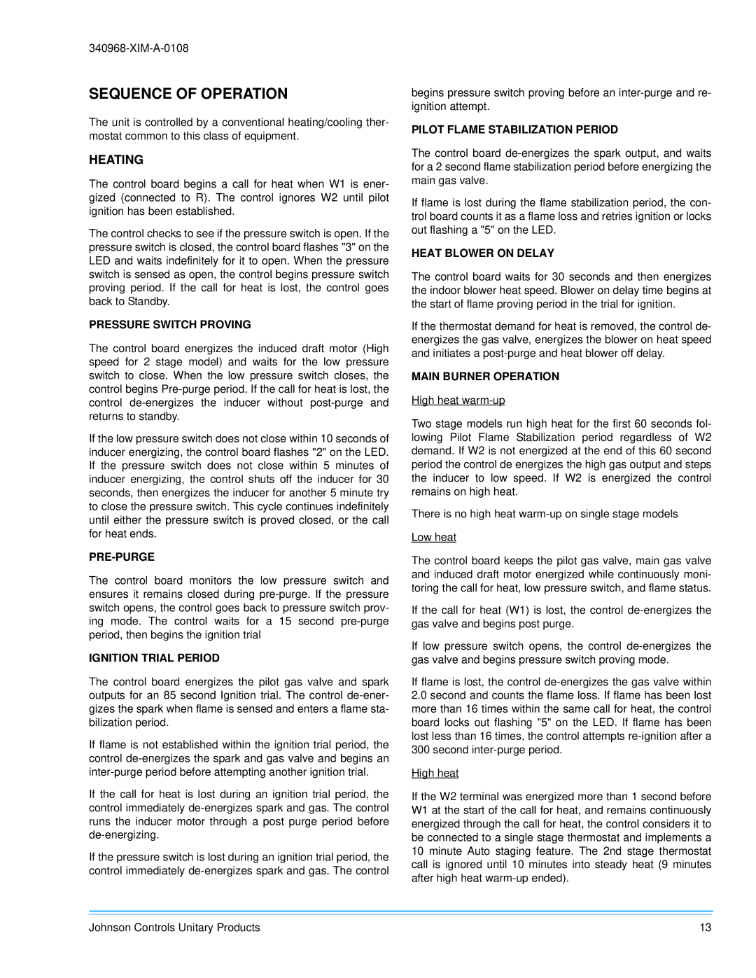 Johnson Controls 340968-XIM-A-0108 installation manual Sequence of Operation, Heating 