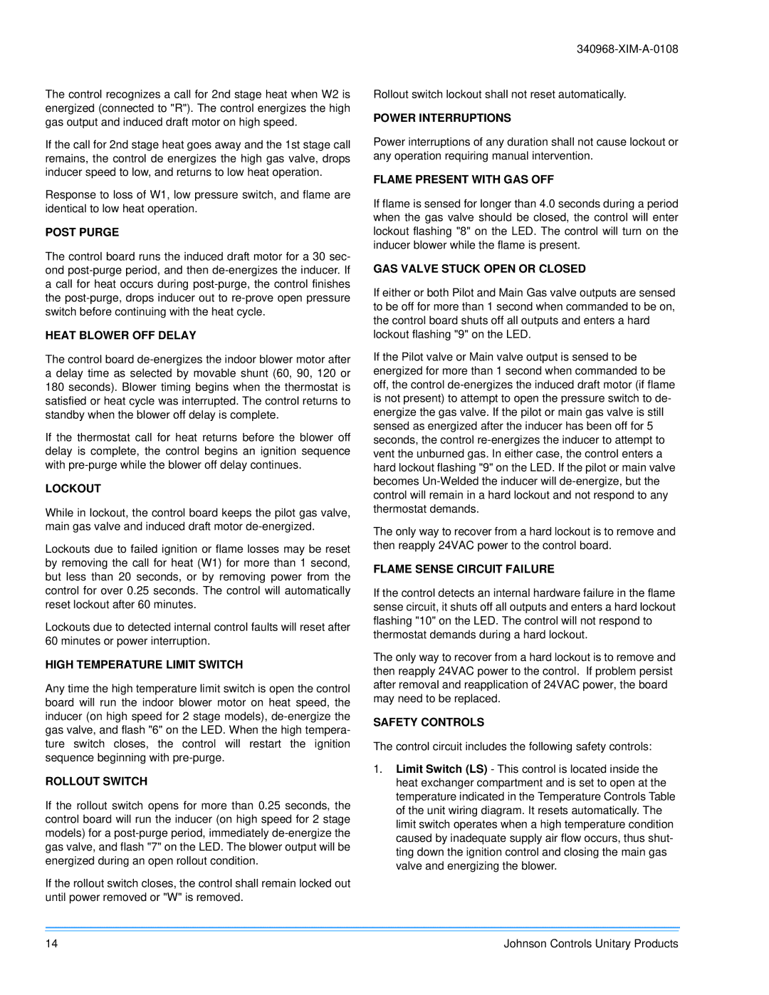 Johnson Controls 340968-XIM-A-0108 installation manual Post Purge 