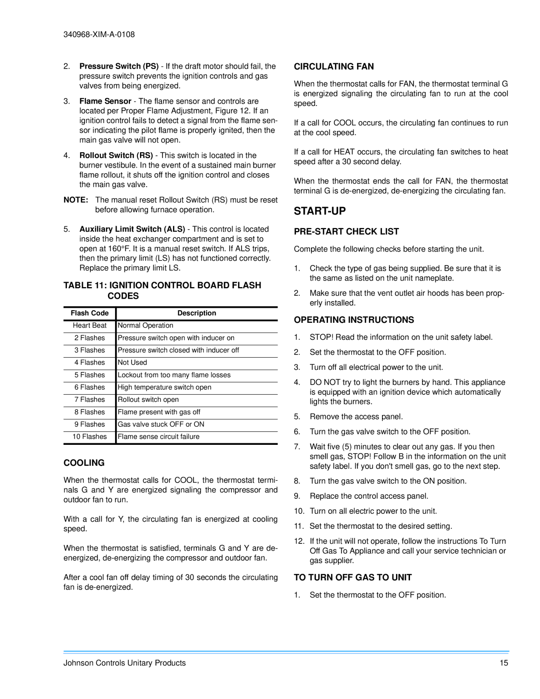 Johnson Controls 340968-XIM-A-0108 installation manual Start-Up 