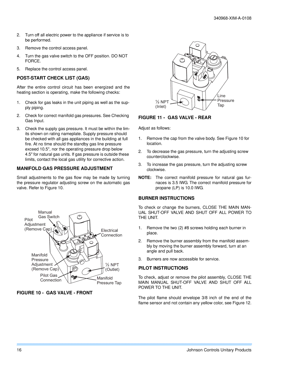 Johnson Controls 340968-XIM-A-0108 POST-START Check List GAS, Manifold GAS Pressure Adjustment, Pilot Instructions 