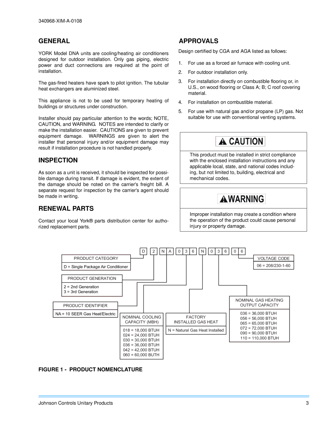 Johnson Controls 340968-XIM-A-0108 installation manual General, Approvals, Inspection, Renewal Parts 