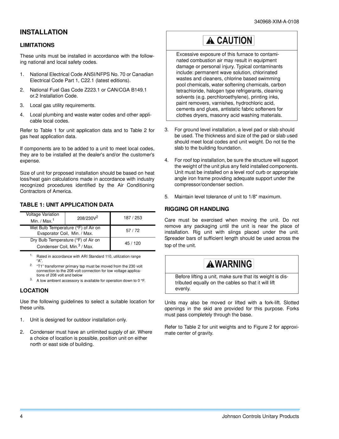 Johnson Controls 340968-XIM-A-0108 Installation, Limitations, Unit Application Data, Location, Rigging or Handling 