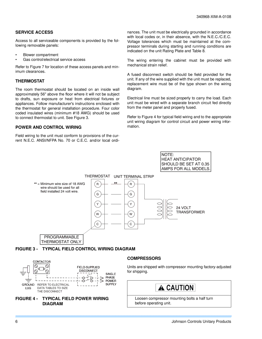 Johnson Controls 340968-XIM-A-0108 installation manual Service Access, Thermostat, Power and Control Wiring 