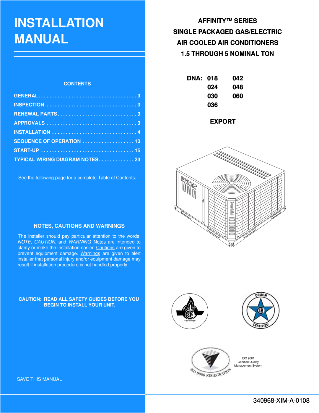 Johnson Controls 340968-XIM-A-0108 installation manual Affinity Series, Dna, Export, Installation Manual, Contents 