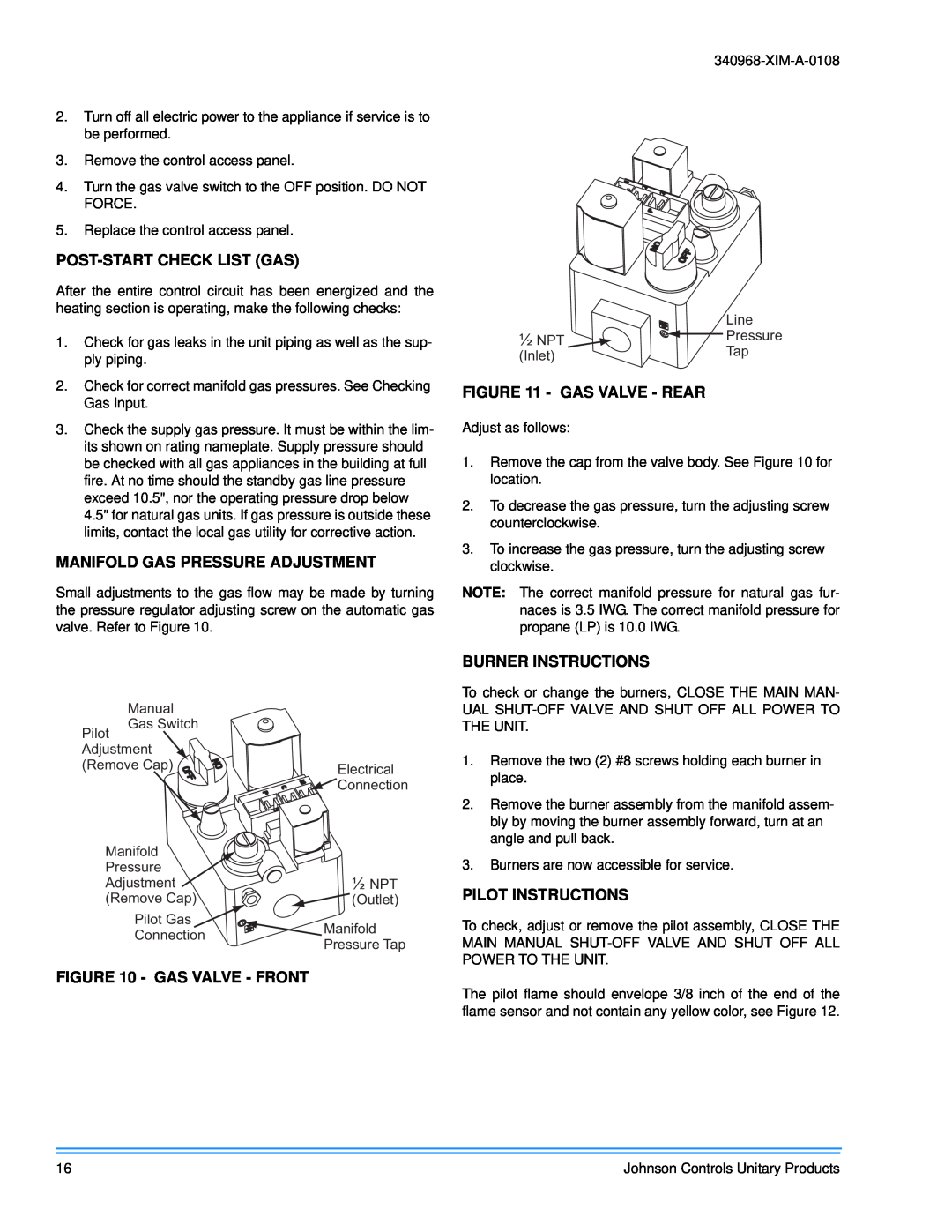 Johnson Controls 340968-XIM-A-0108 Post-Startcheck List Gas, Manifold Gas Pressure Adjustment, Gas Valve - Rear 