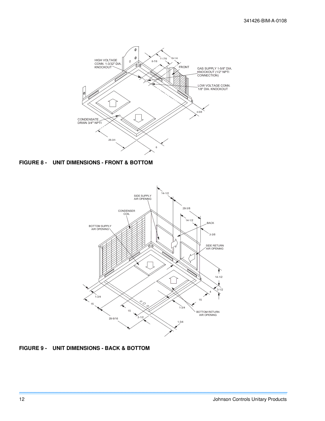 Johnson Controls 341426-BIM-A-0108 installation manual Unit Dimensions Front & Bottom 