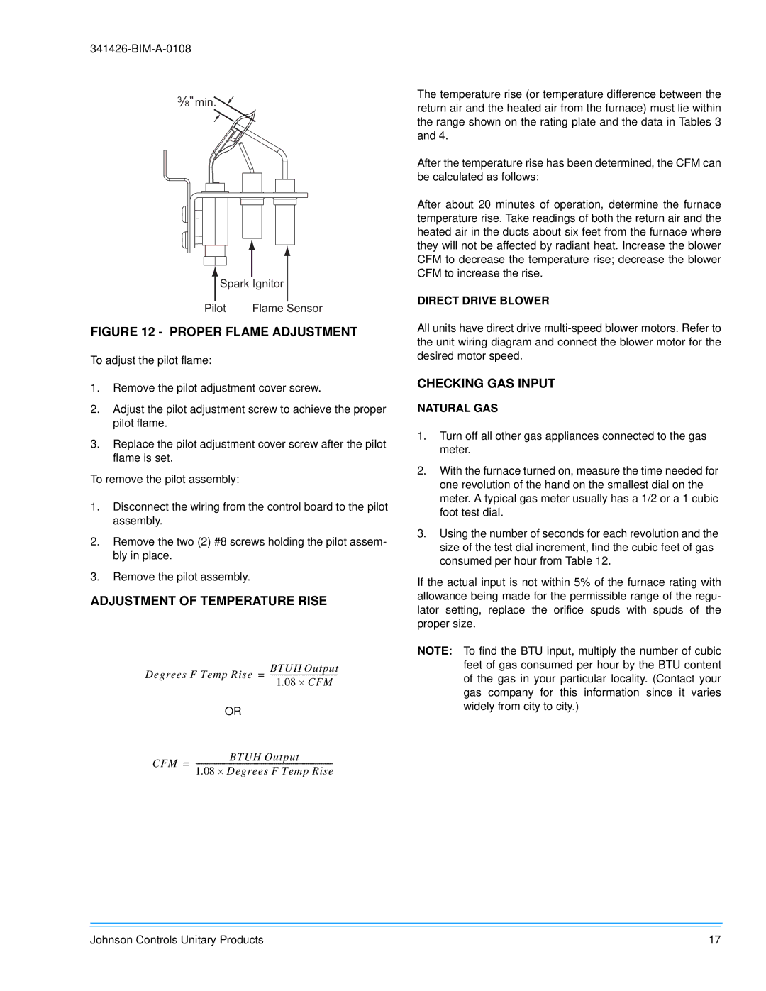 Johnson Controls 341426-BIM-A-0108 installation manual Adjustment of Temperature Rise, Checking GAS Input 