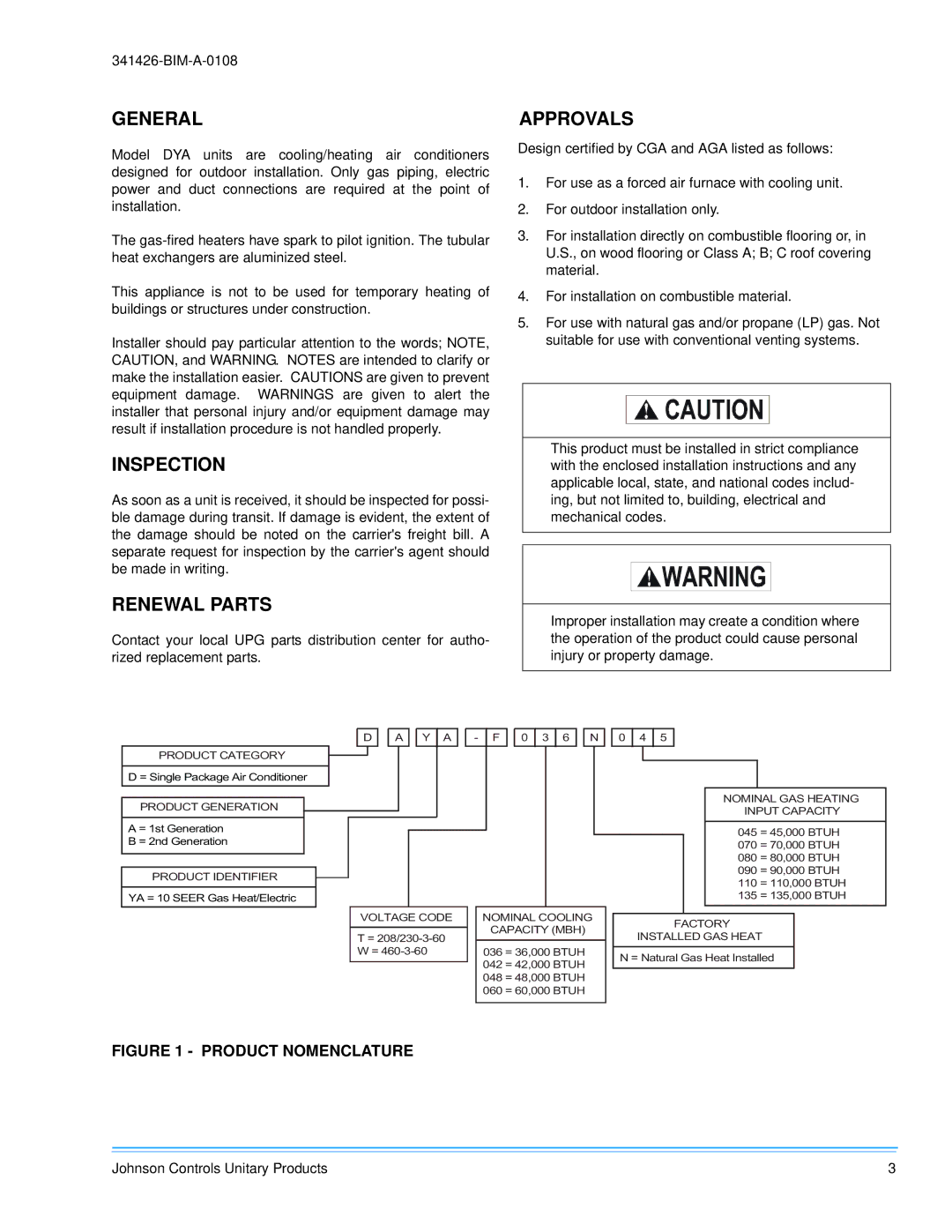 Johnson Controls 341426-BIM-A-0108 installation manual General, Approvals, Inspection, Renewal Parts 