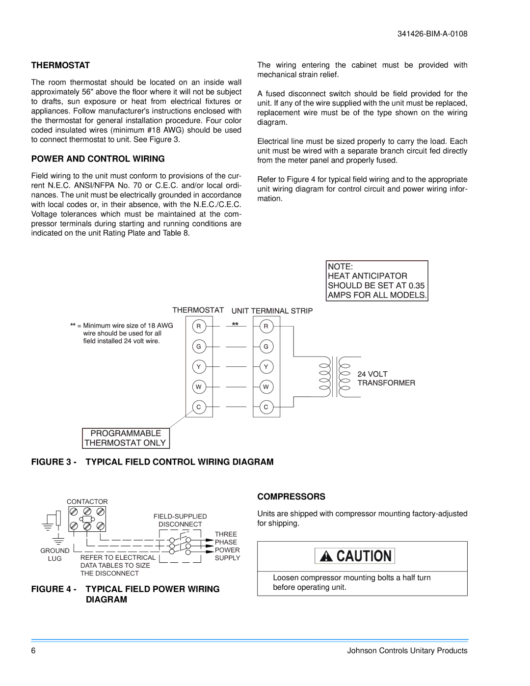 Johnson Controls 341426-BIM-A-0108 installation manual Thermostat, Power and Control Wiring, Compressors 