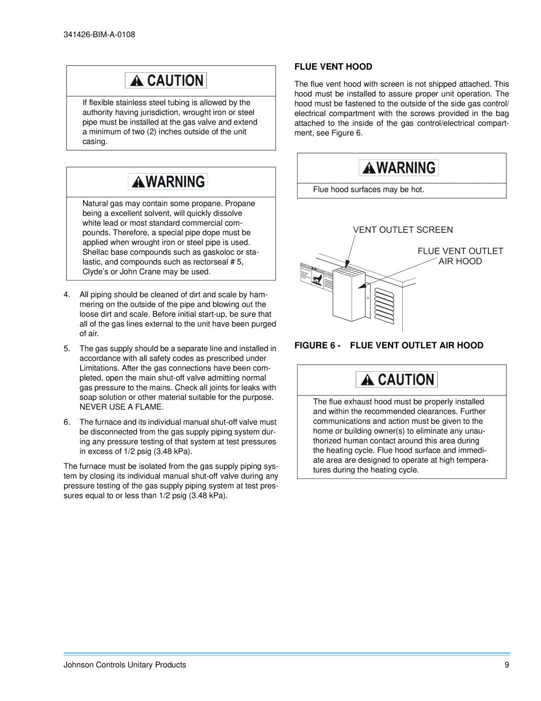 Johnson Controls 341426-BIM-A-0108 installation manual Flue Vent Hood, Flue Vent Outlet AIR Hood 