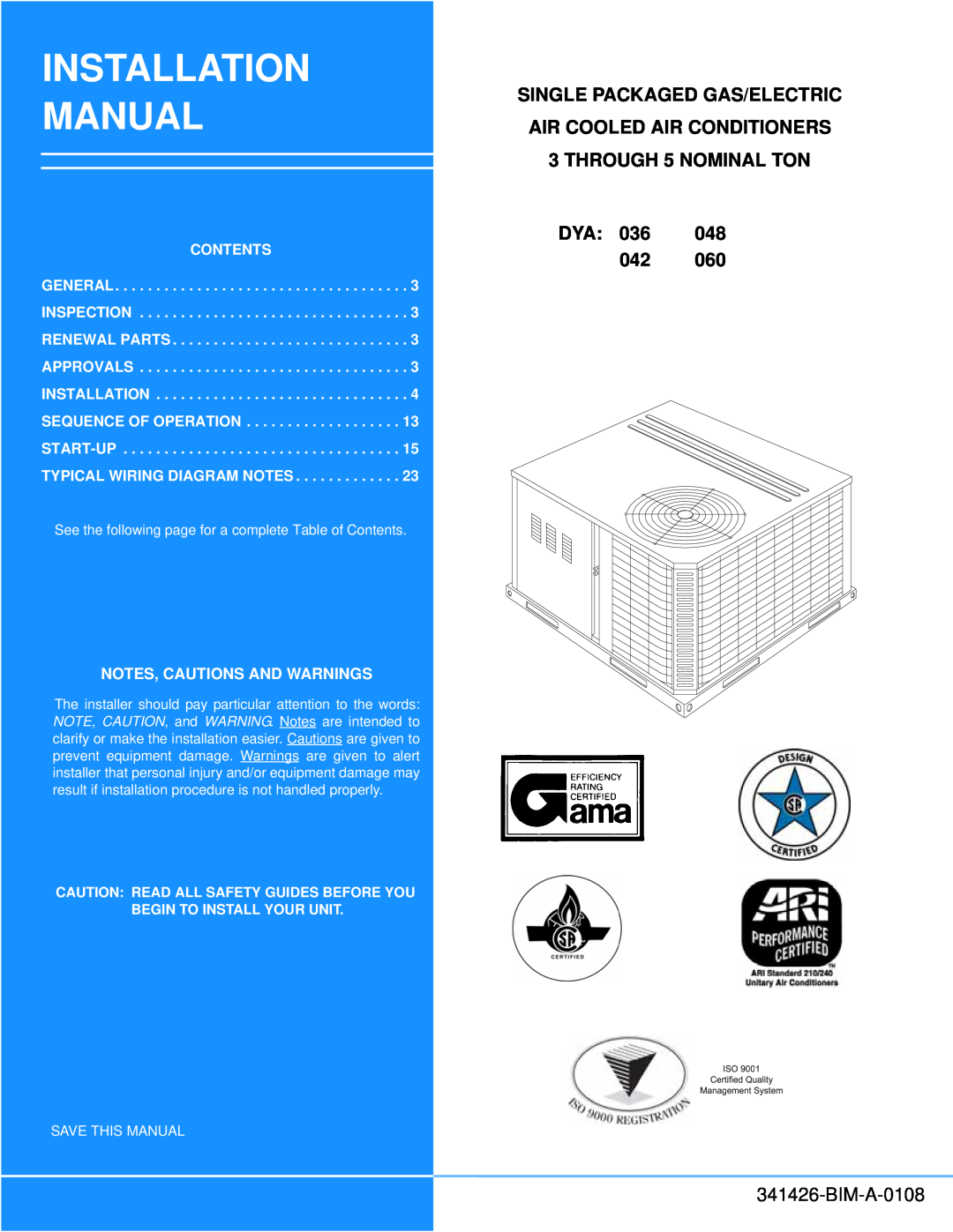 Johnson Controls 341426-BIM-A-0108 installation manual Installation Manual, Dya, Contents, Notes, Cautions And Warnings 