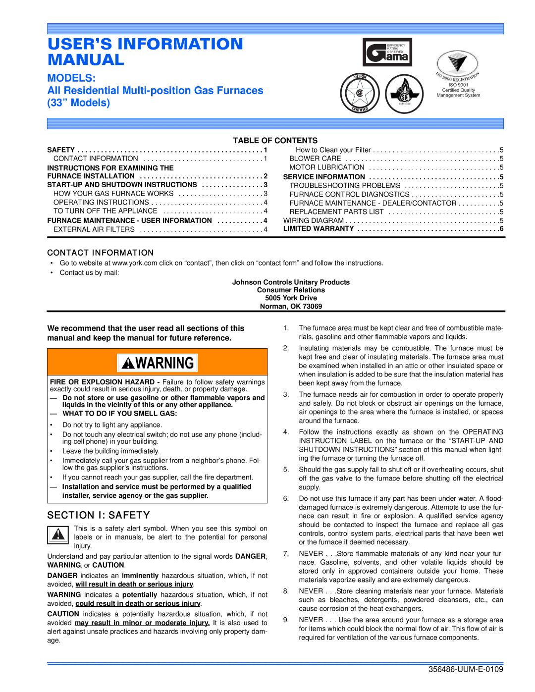 Johnson Controls 356486-UUM-E-0109 warranty Section I Safety, Table of Contents, Contact Information 