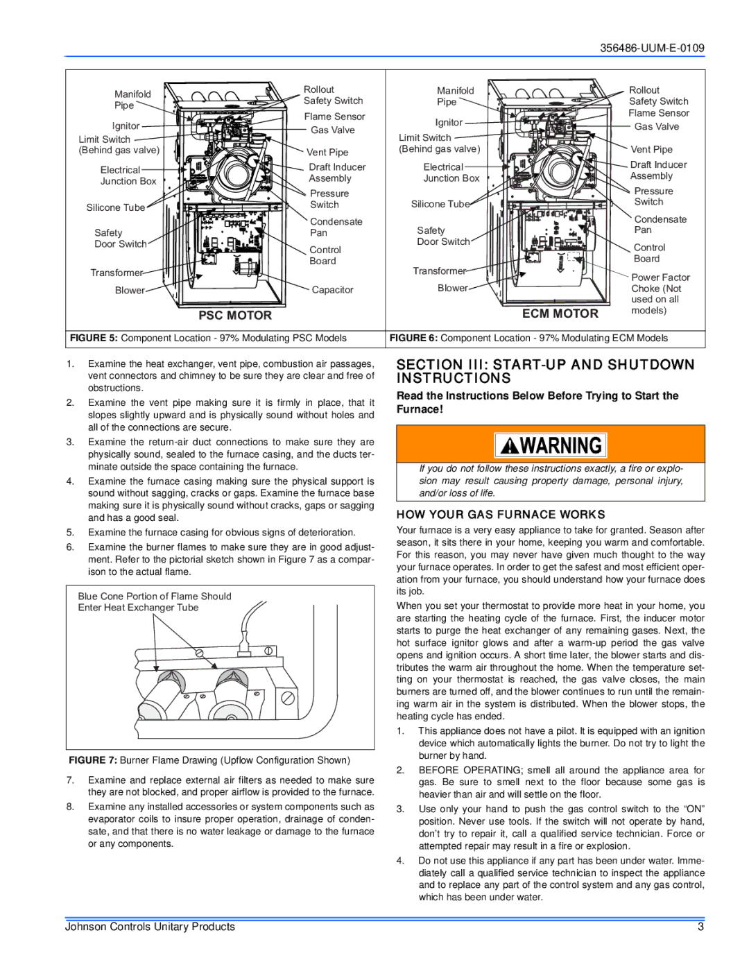 Johnson Controls 356486-UUM-E-0109 warranty Section III START-UP and Shutdown Instructions, PSC Motor ECM Motor 