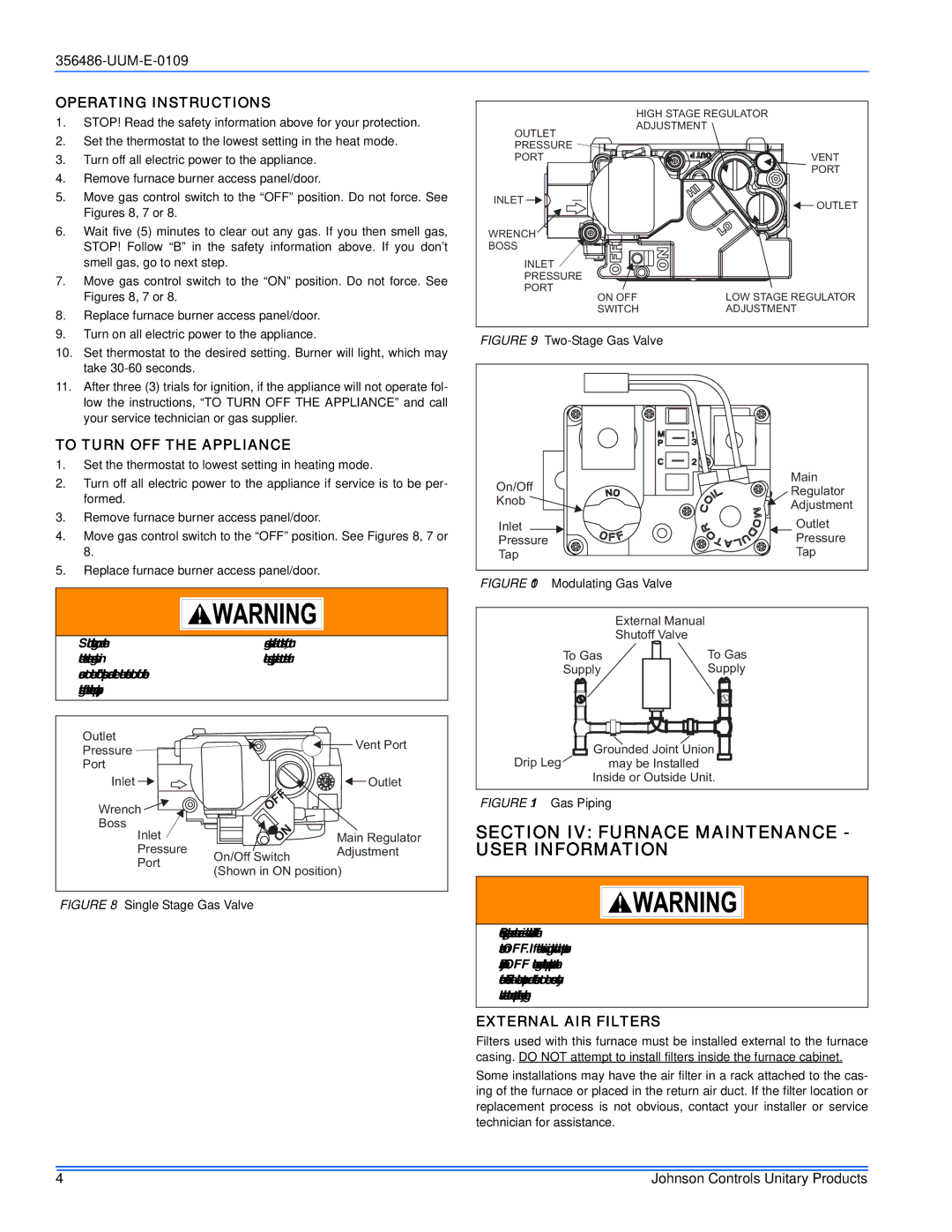 Johnson Controls 356486-UUM-E-0109 warranty Section IV Furnace Maintenance User Information, Operating Instructions 