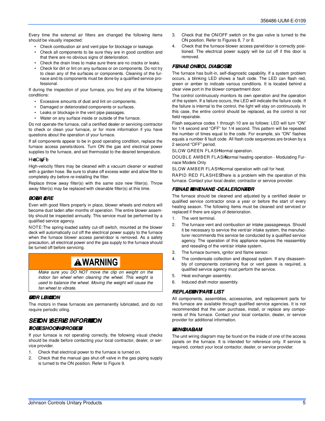 Johnson Controls 356486-UUM-E-0109 warranty Section V Service Information 