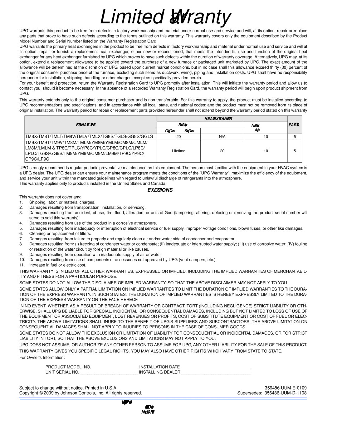 Johnson Controls 356486-UUM-E-0109 warranty Limited Warranty, Exclusions 