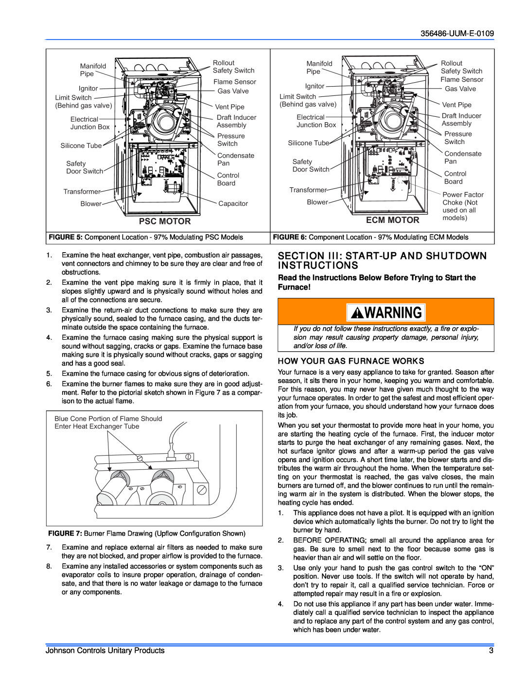 Johnson Controls 356486-UUM-E-0109 Section Iii Start-Upand Shutdown Instructions, How Your Gas Furnace Works, Psc Motor 