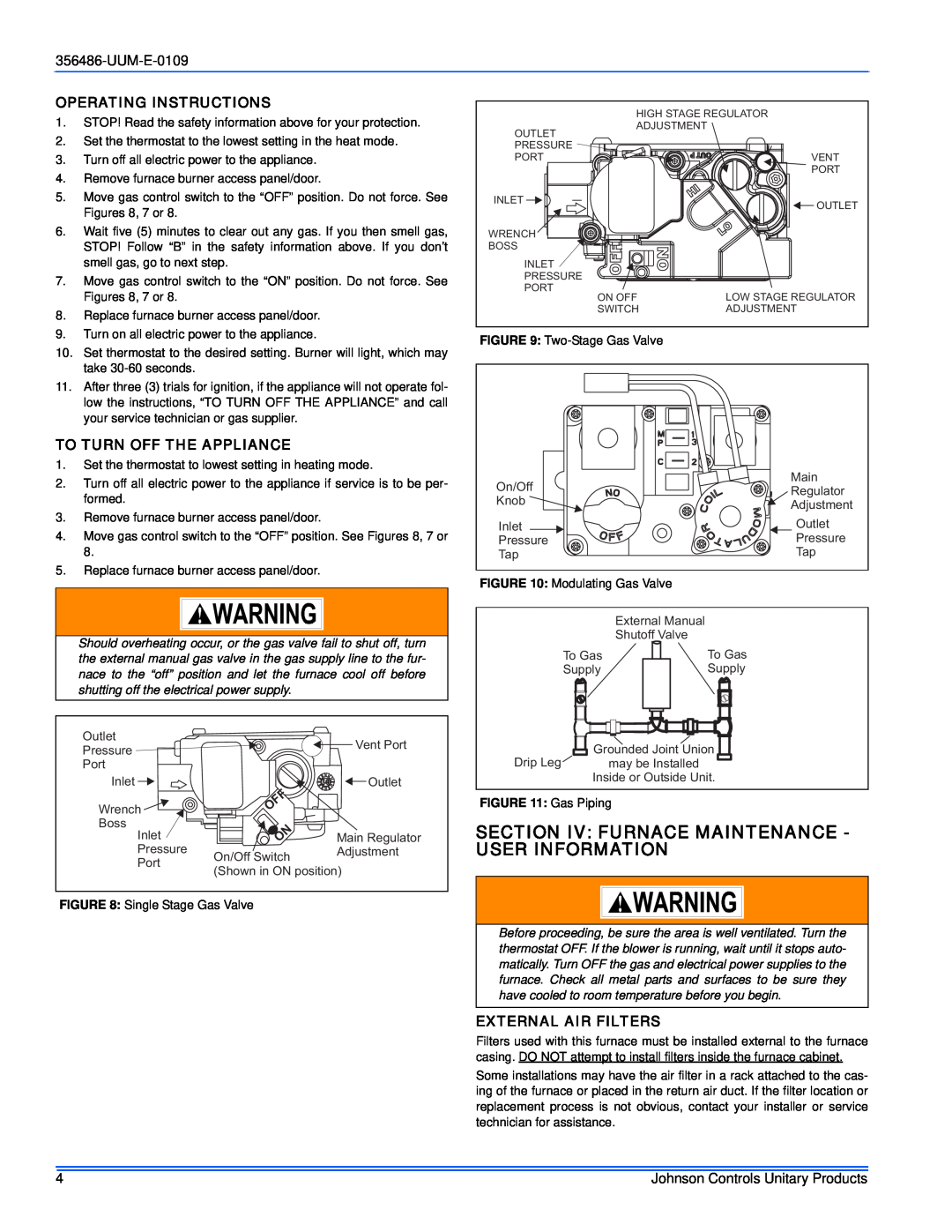 Johnson Controls 356486-UUM-E-0109 Operating Instructions, To Turn Off The Appliance, External Air Filters, Gas Piping 
