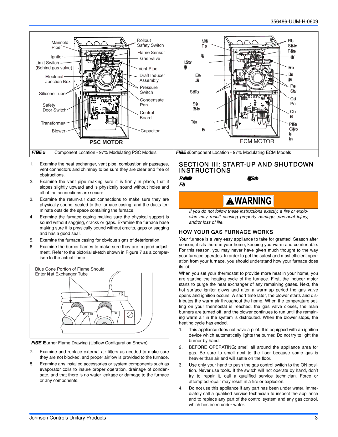 Johnson Controls 356486-UUM-H-0609 warranty Section III START-UP and Shutdown Instructions, HOW Your GAS Furnace Works 