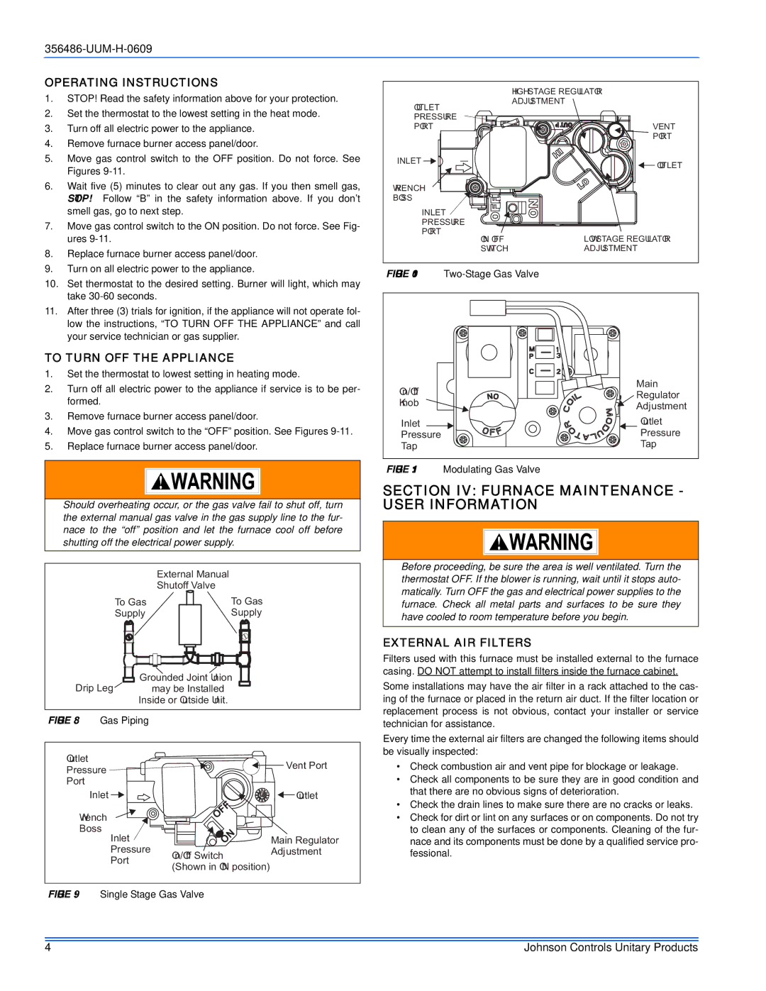 Johnson Controls 356486-UUM-H-0609 warranty Section IV Furnace Maintenance User Information, Operating Instructions 