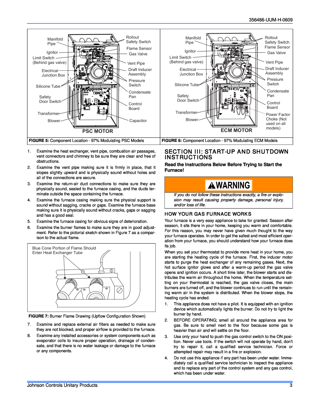 Johnson Controls 356486-UUM-H-0609 Section Iii Start-Upand Shutdown Instructions, How Your Gas Furnace Works, Psc Motor 