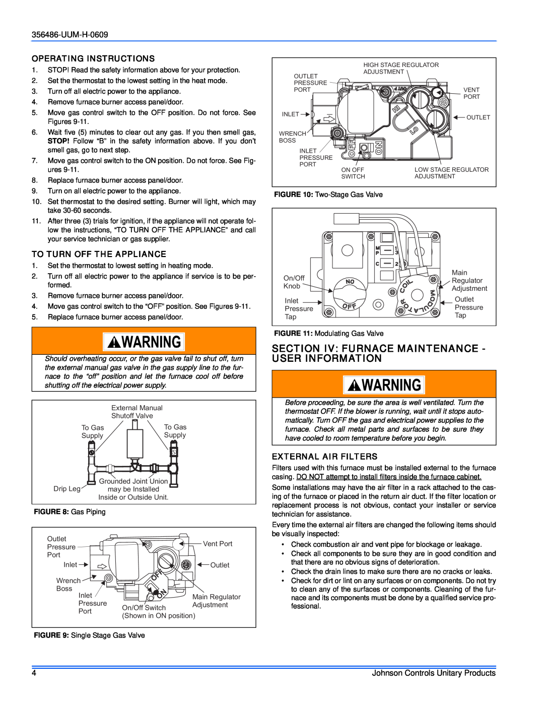 Johnson Controls 356486-UUM-H-0609 Operating Instructions, To Turn Off The Appliance, External Air Filters, Gas Piping 