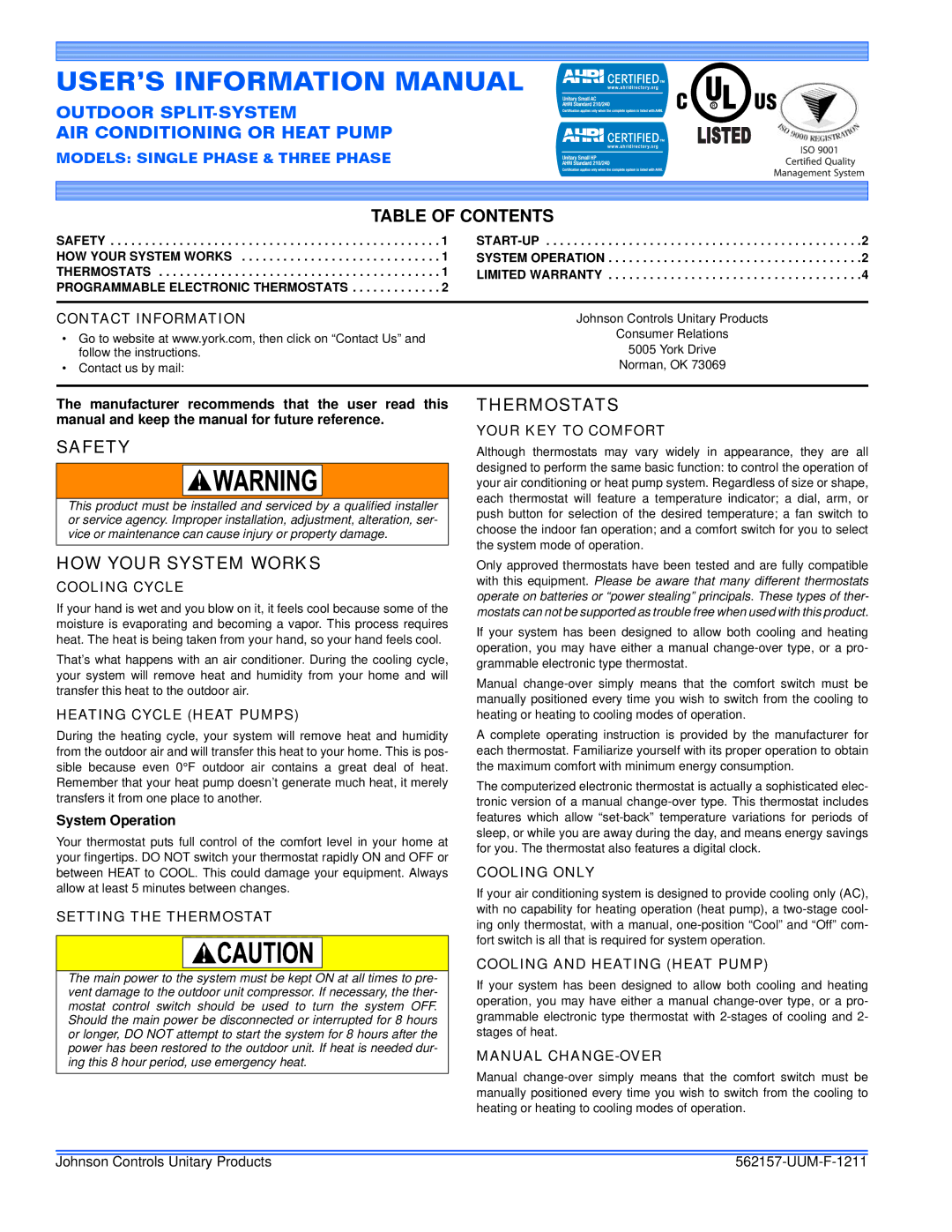 Johnson Controls 562157-UUM-F-1211 warranty Table of Contents, Safety, HOW Your System Works, Thermostats 