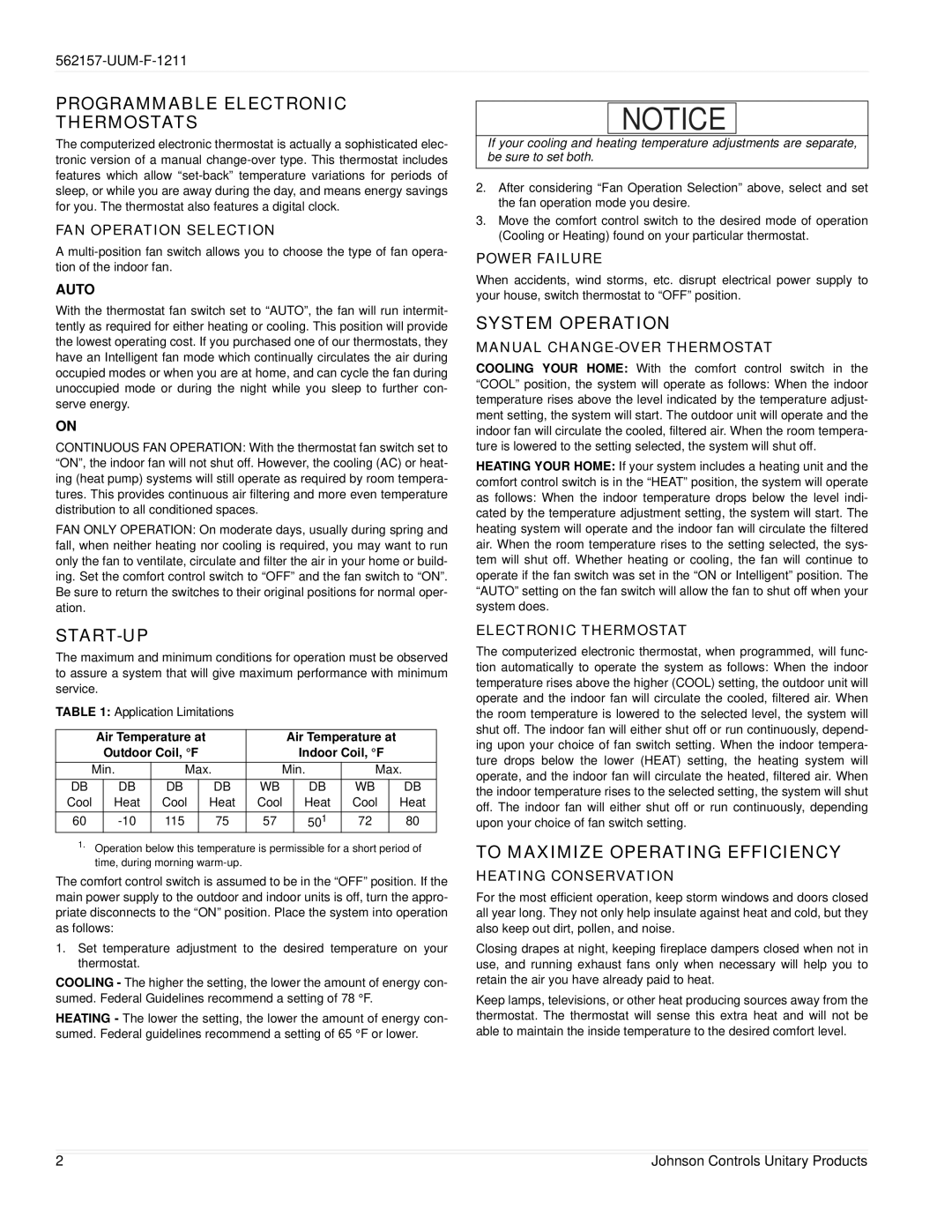 Johnson Controls 562157-UUM-F-1211 warranty Programmable Electronic Thermostats, Start-Up, System Operation 