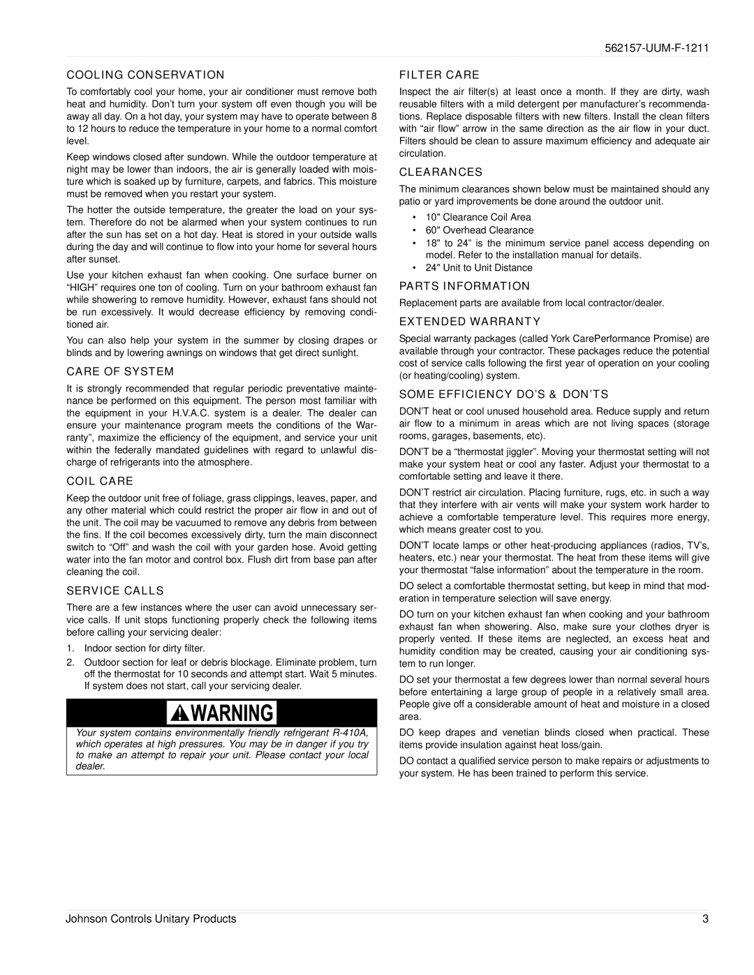 Johnson Controls 562157-UUM-F-1211 Cooling Conservation, Care of System, Coil Care, Service Calls, Filter Care, Clearances 