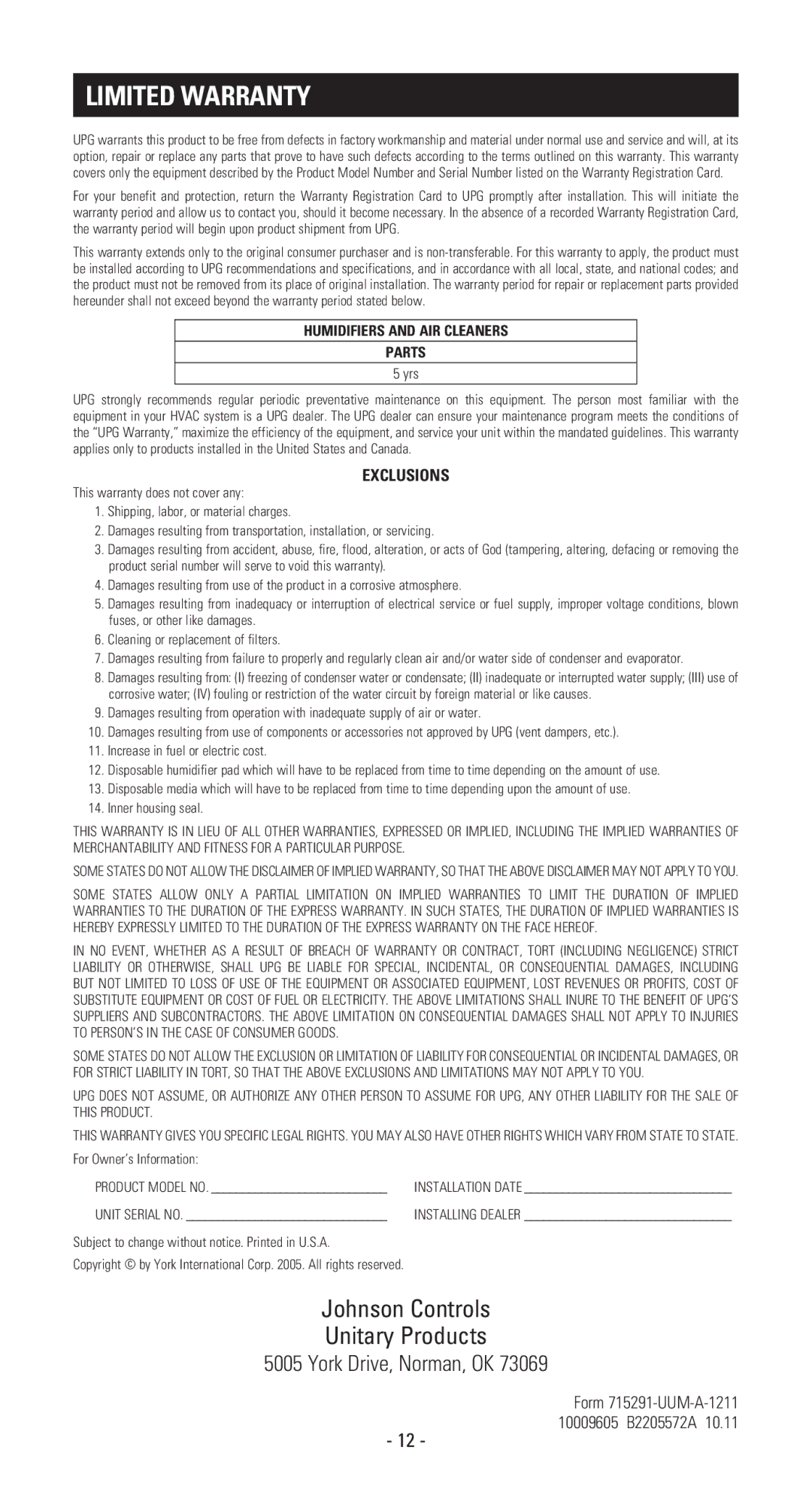 Johnson Controls 8000 owner manual Limited warranty, Humidifiers and AIR Cleaners Parts 