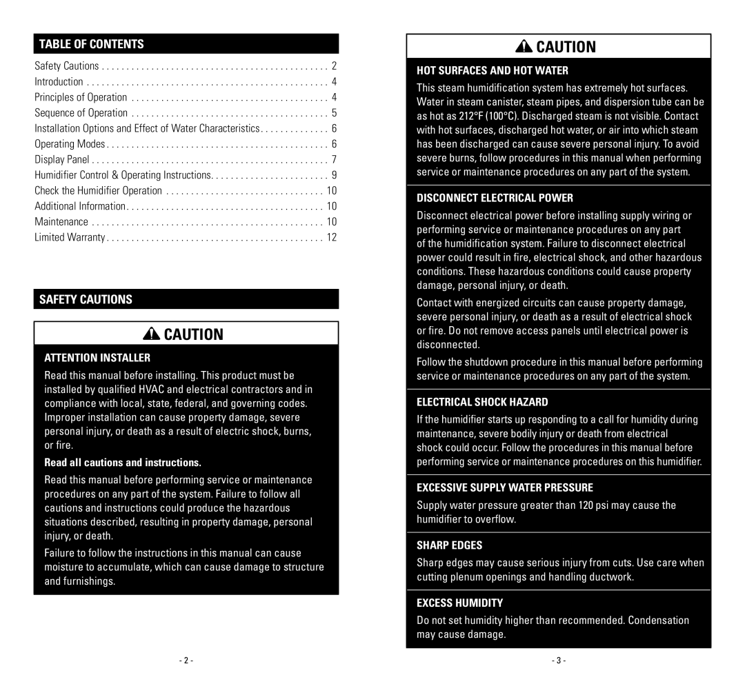 Johnson Controls 8000 Safety Cautions, Table Of Contents, Attention Installer, Read all cautions and instructions 