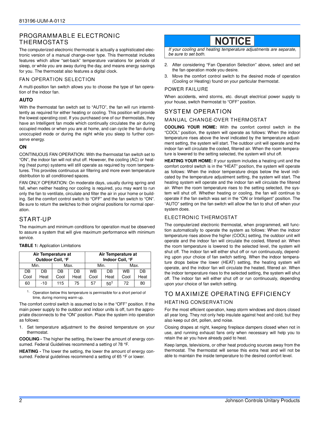 Johnson Controls 813196-UUM-A-0112 warranty Programmable Electronic Thermostats, Start-Up, System Operation 