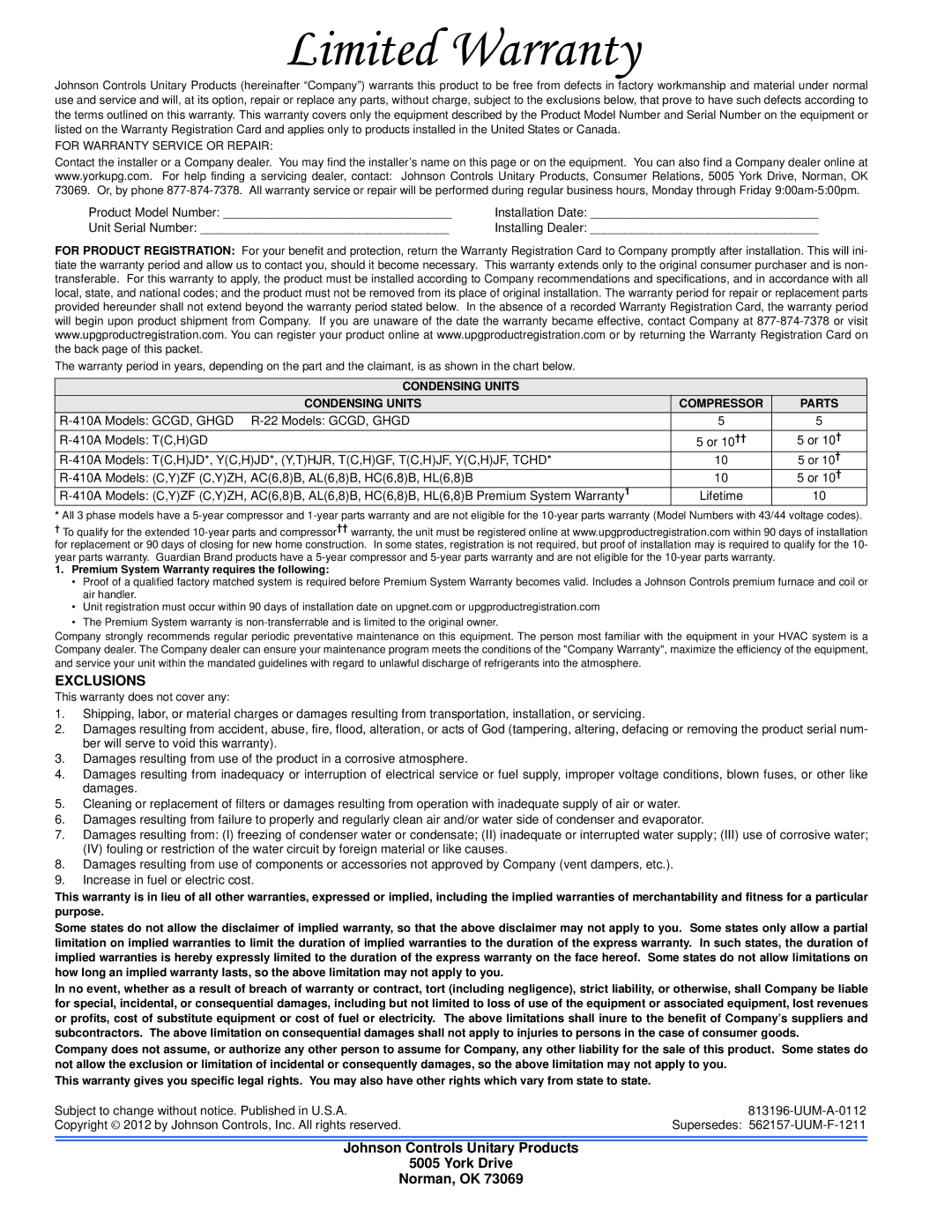 Johnson Controls 813196-UUM-A-0112 warranty Limited Warranty, Exclusions 