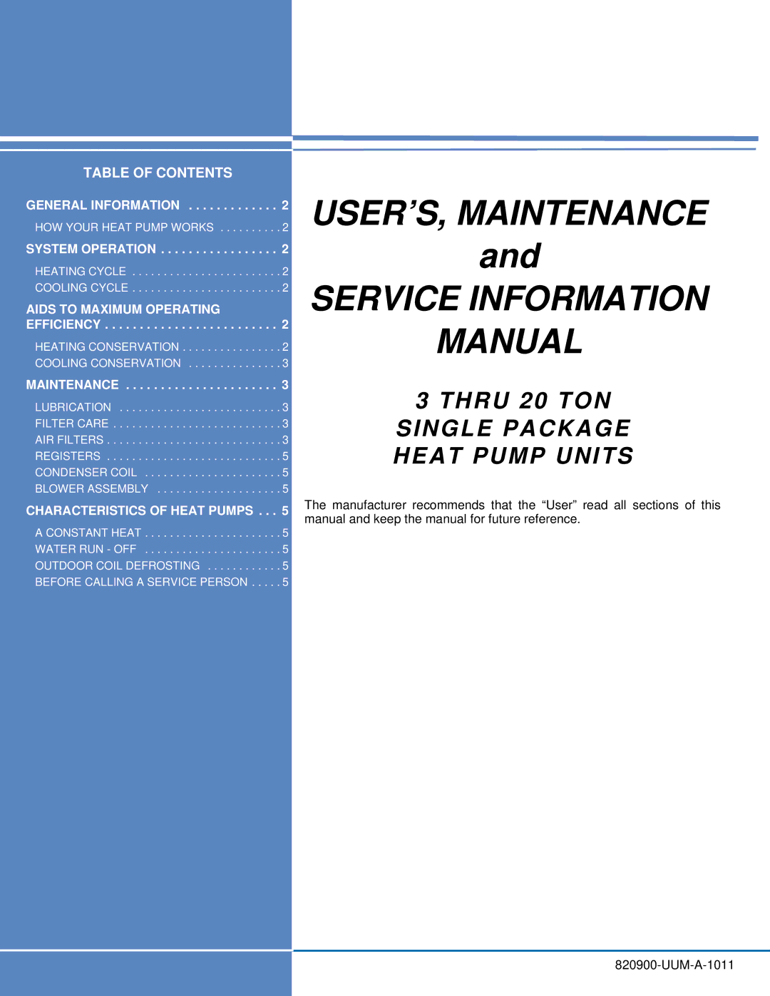 Johnson Controls 820900-UUM-A-1011 manual USER’S, Maintenance Service Information Manual 