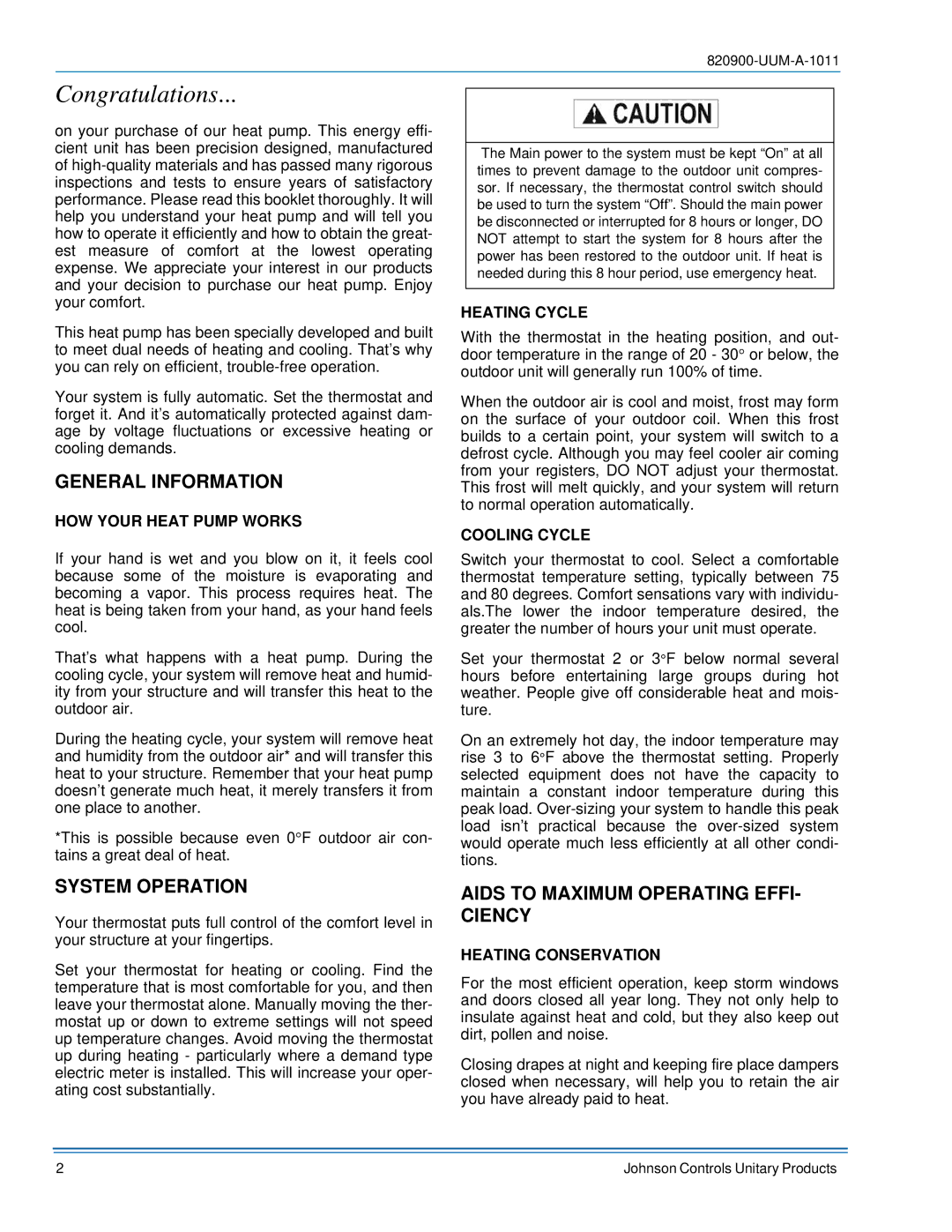 Johnson Controls 820900-UUM-A-1011 manual General Information, System Operation, Aids to Maximum Operating EFFI- Ciency 