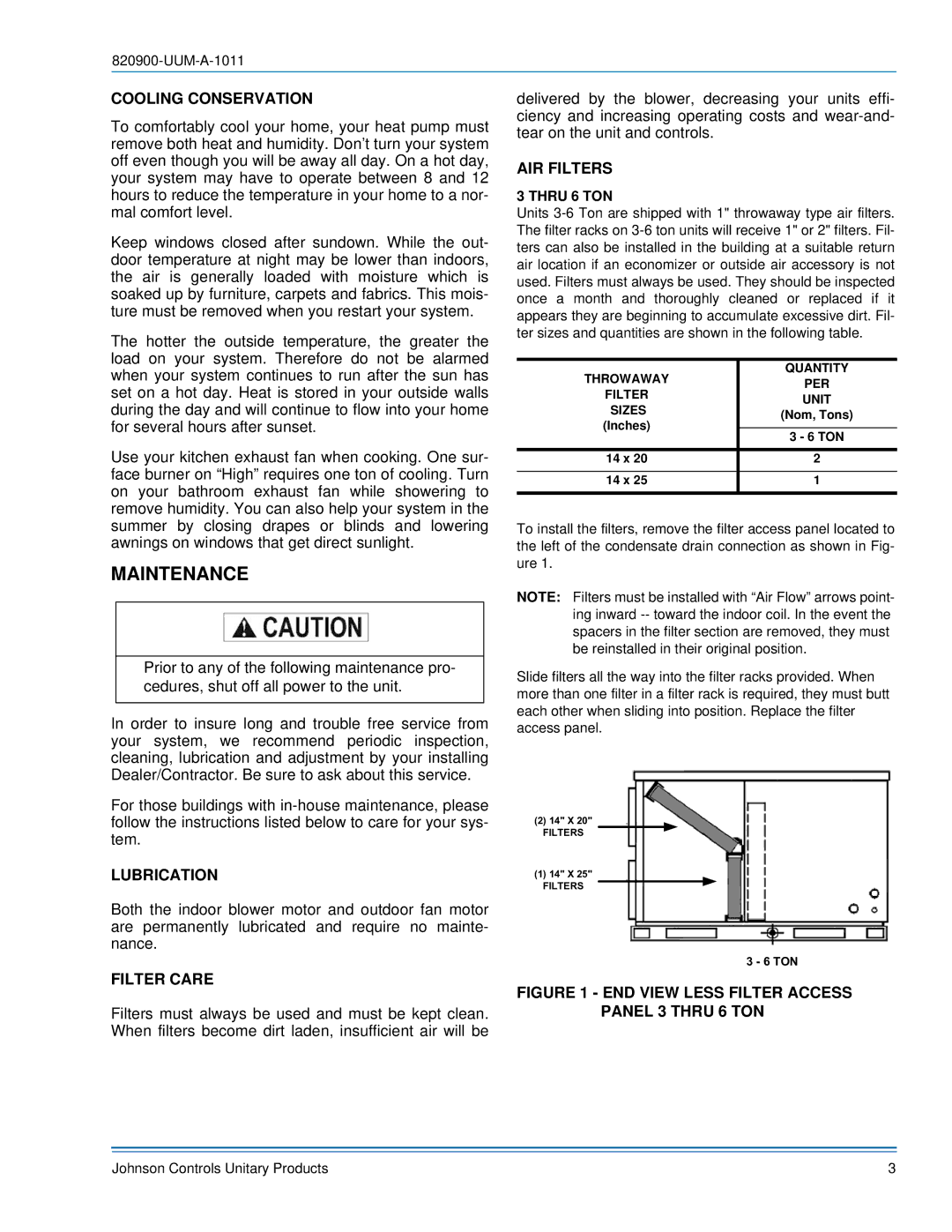 Johnson Controls 820900-UUM-A-1011 manual Maintenance, Cooling Conservation, Lubrication, Filter Care, AIR Filters 