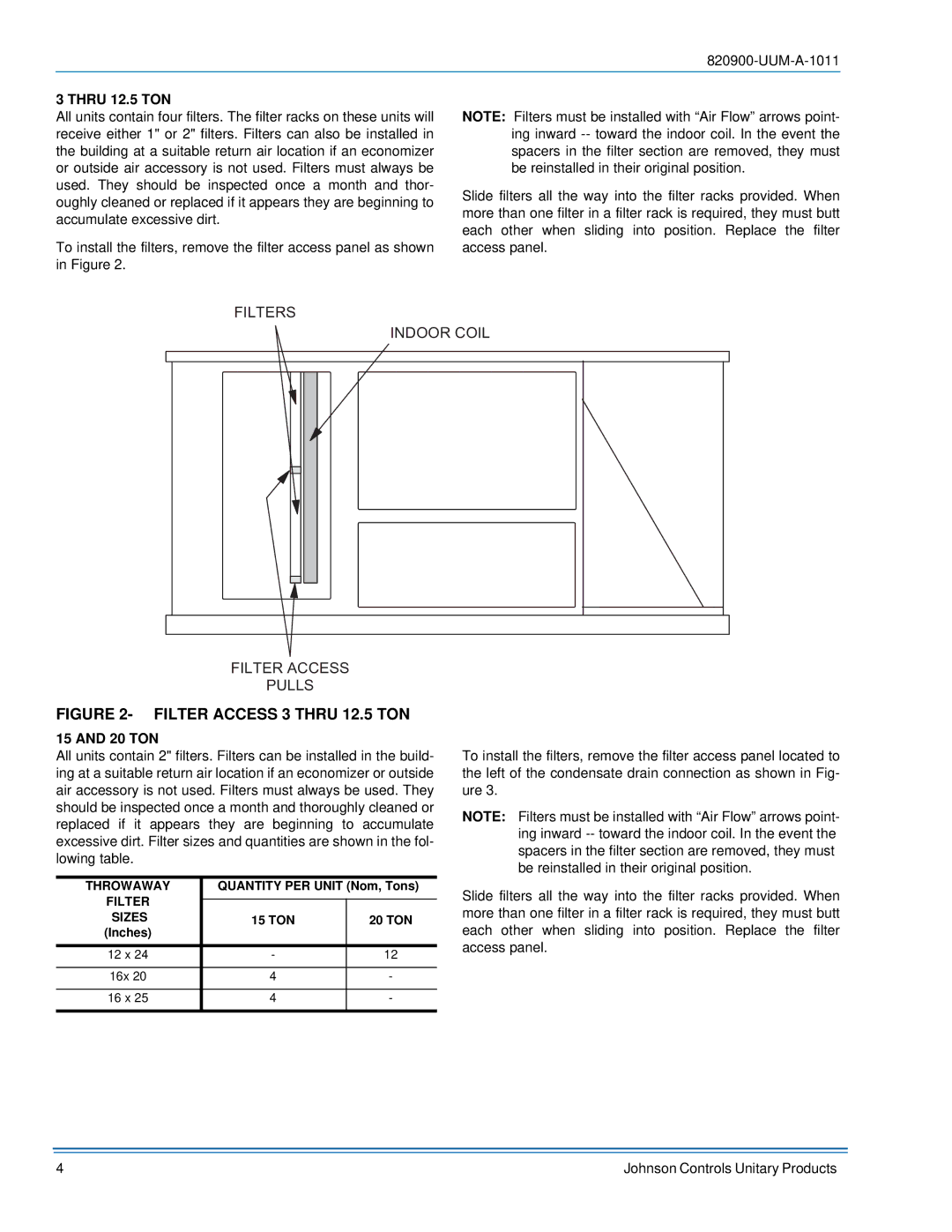 Johnson Controls 820900-UUM-A-1011 manual Filter Access 3 Thru 12.5 TON 