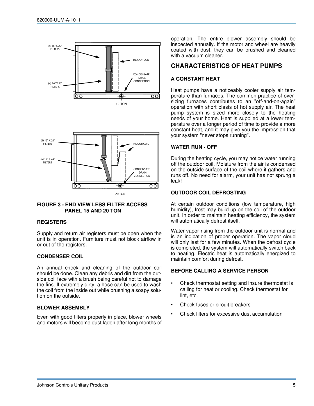 Johnson Controls 820900-UUM-A-1011 manual Characteristics of Heat Pumps 