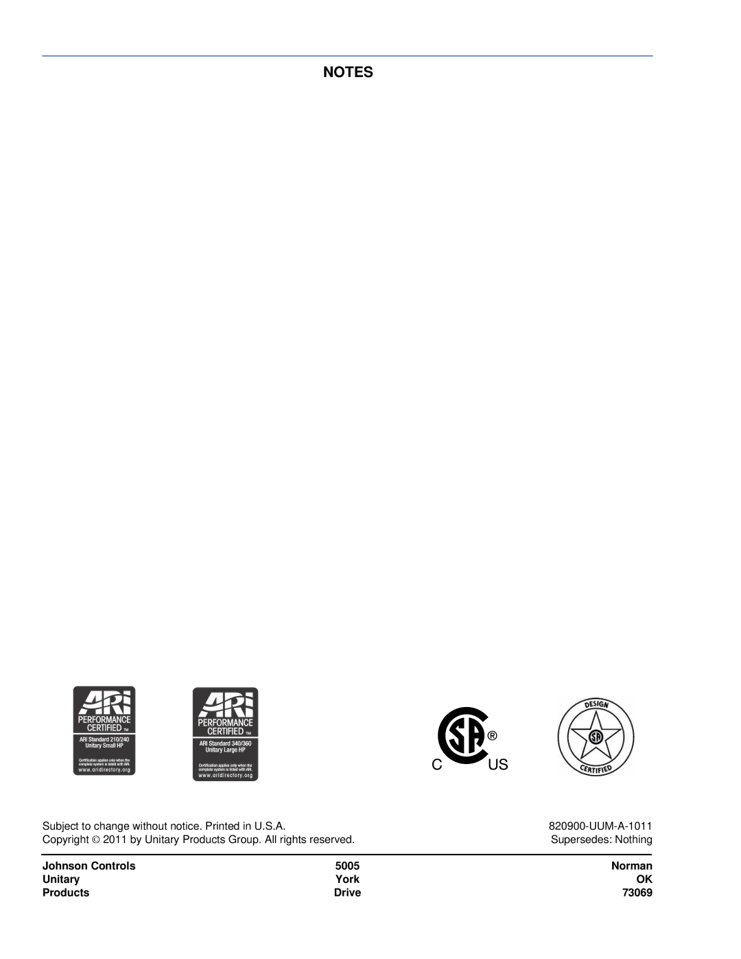 Johnson Controls 820900-UUM-A-1011 manual 