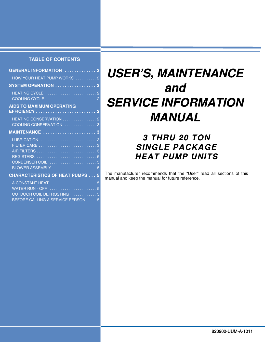 Johnson Controls 820900-UUM-A-1011 manual USER’S, MAINTENANCE and SERVICE INFORMATION, Manual, Table Of Contents 