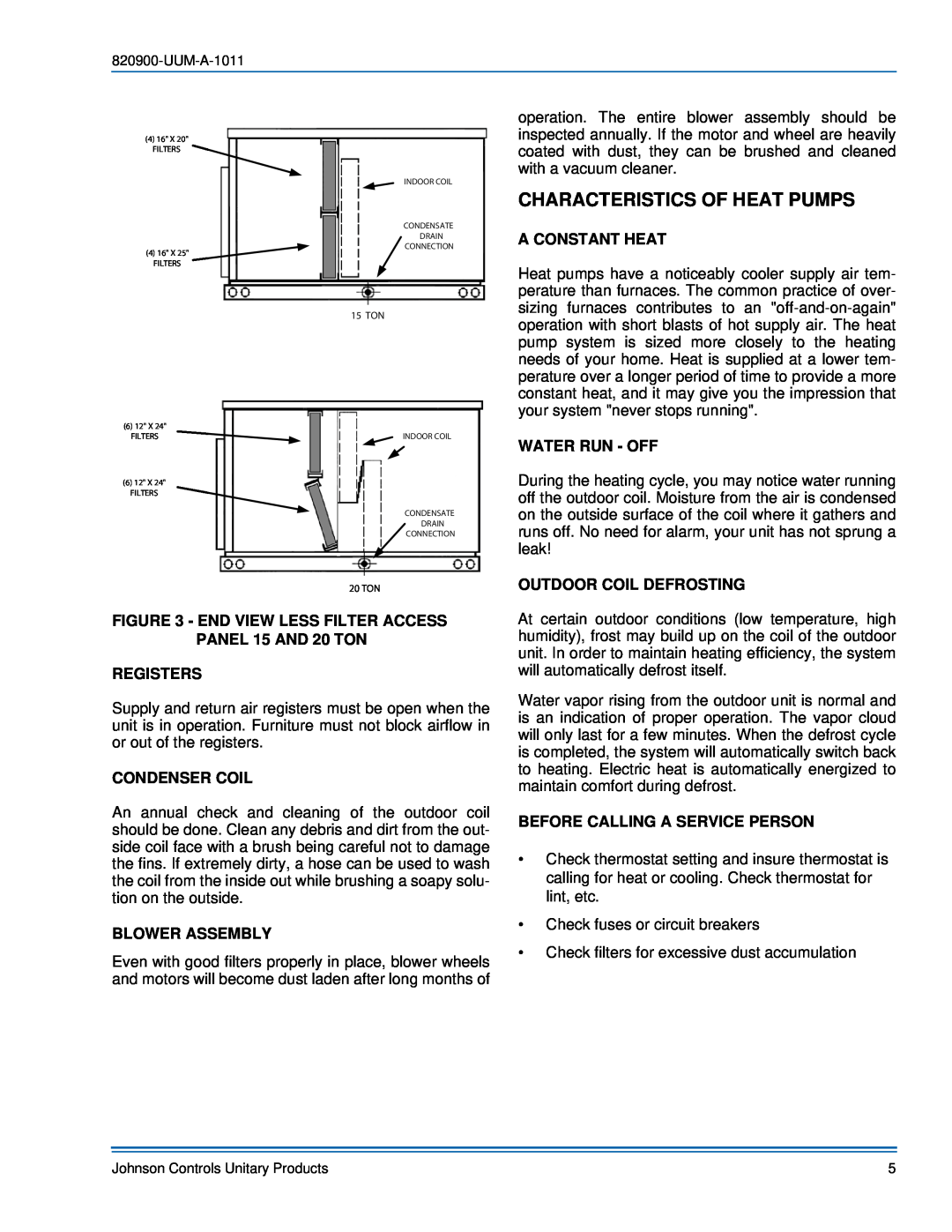 Johnson Controls 820900-UUM-A-1011 manual Characteristics Of Heat Pumps, End View Less Filter Access, Condenser Coil 